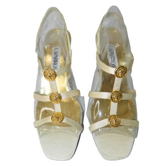 Caparros Size 8.5B Cream Heel Sandals Gold Lion Medusa Button Accent VersaceVibe - Picture 3 of 11